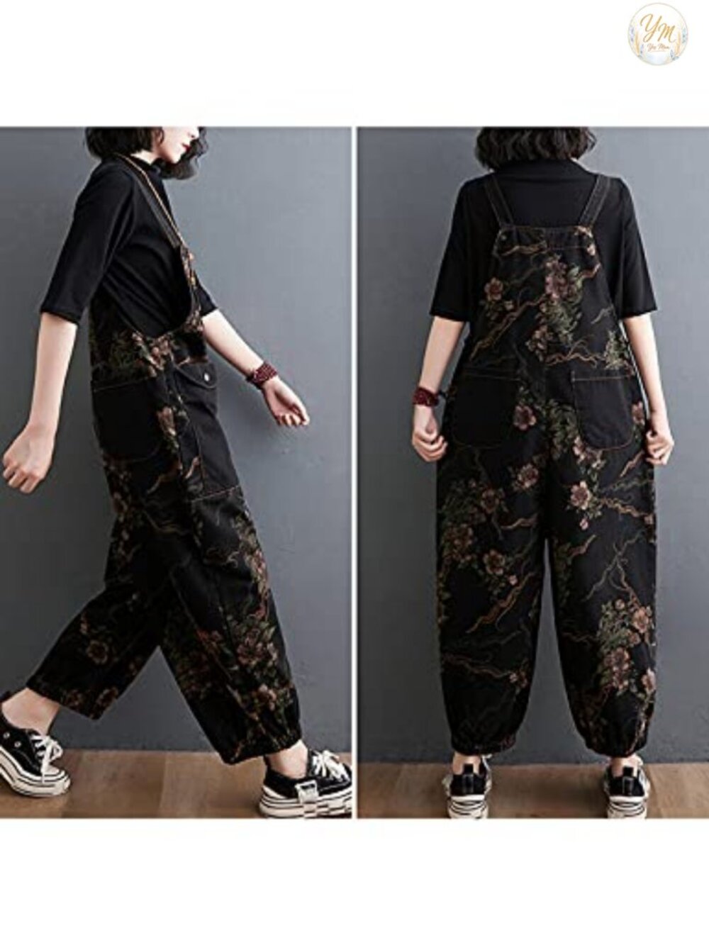 Women's Loose Baggy Denim Overalls, Drop Crotch Wide Leg Jumpsuit Harem Pants - Picture 3 of 4